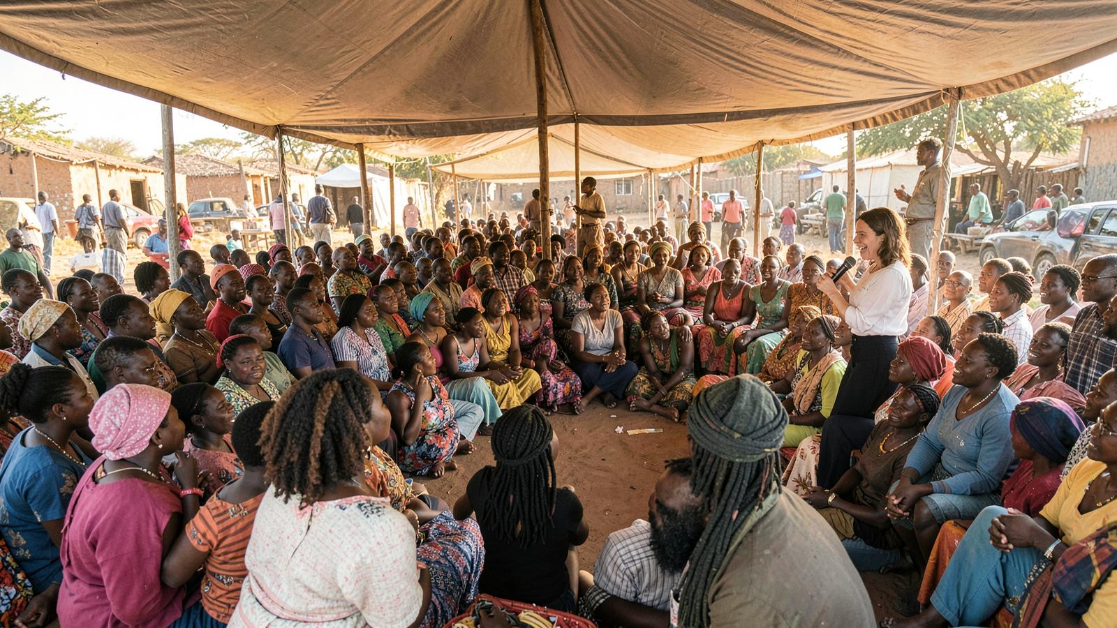 Community members gathered under a marquee at an outreach event