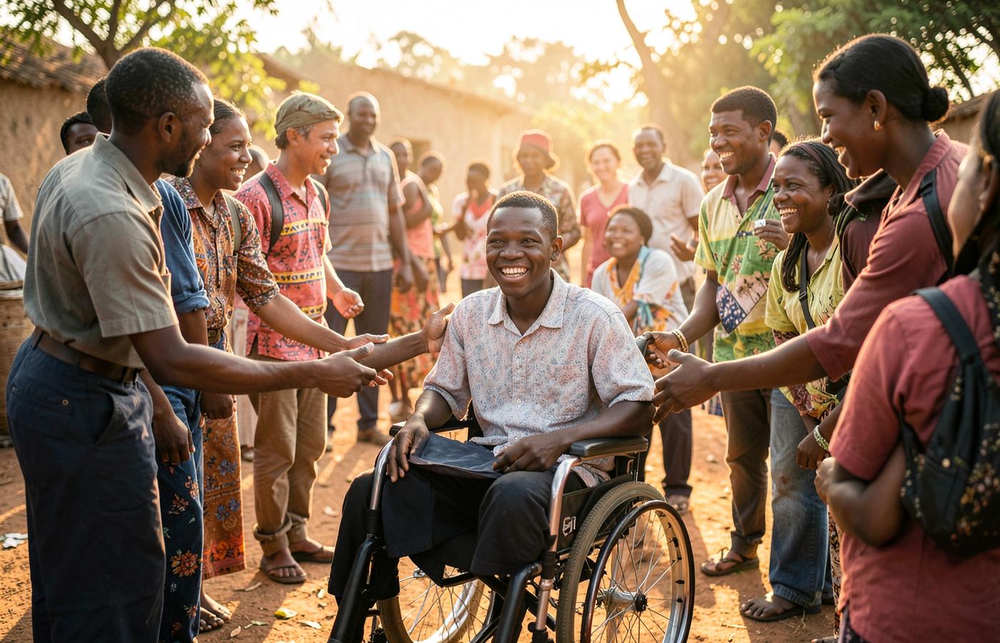 A young man in a wheelchair welcomed by volunteers