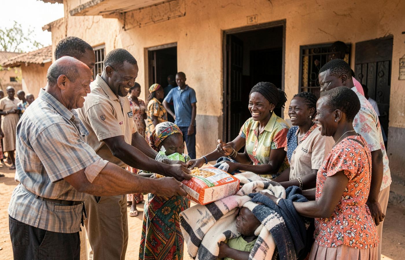 Volunteers handing food parcels to a family